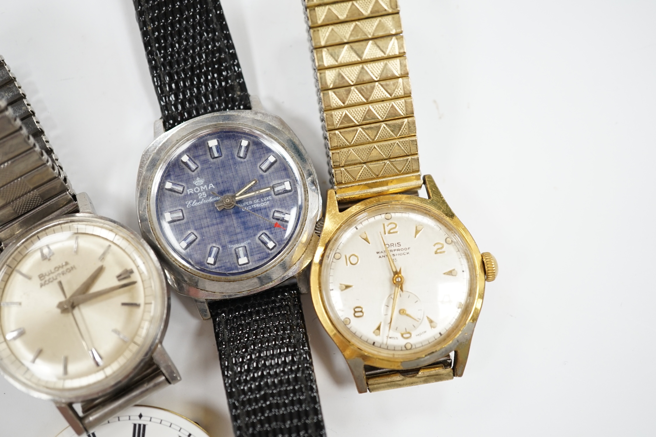 A gentleman's stainless steel Bulova Accutron wrist watch, on associated flexible strap, two other gentleman's wrist watches including Oris and a J.W. Benson pocket watch movement.